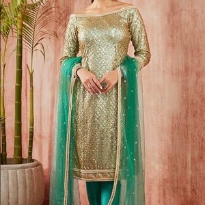 Teal and Gold Embroidered Straight Salwar Suit